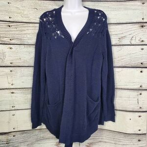 Maurices Women’s Size 1 Navy Blue Open Front Knit Cardigan Crochet Yoke Pockets